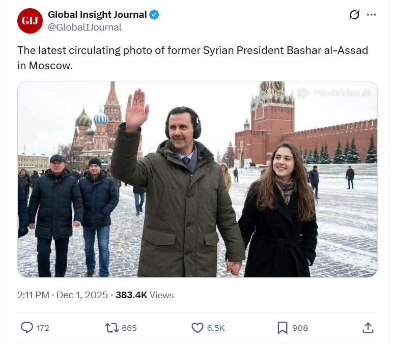 لقطة شاشة لمنشور يحتوي صورة الرئيس السوري السابق بشار الأسد، المُنتجة عن طريق الذكاء الاصطناعي