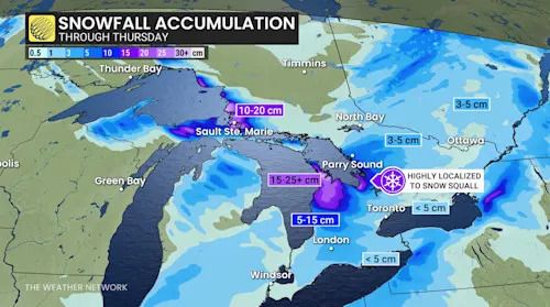 Ontario snowfall through Thursday