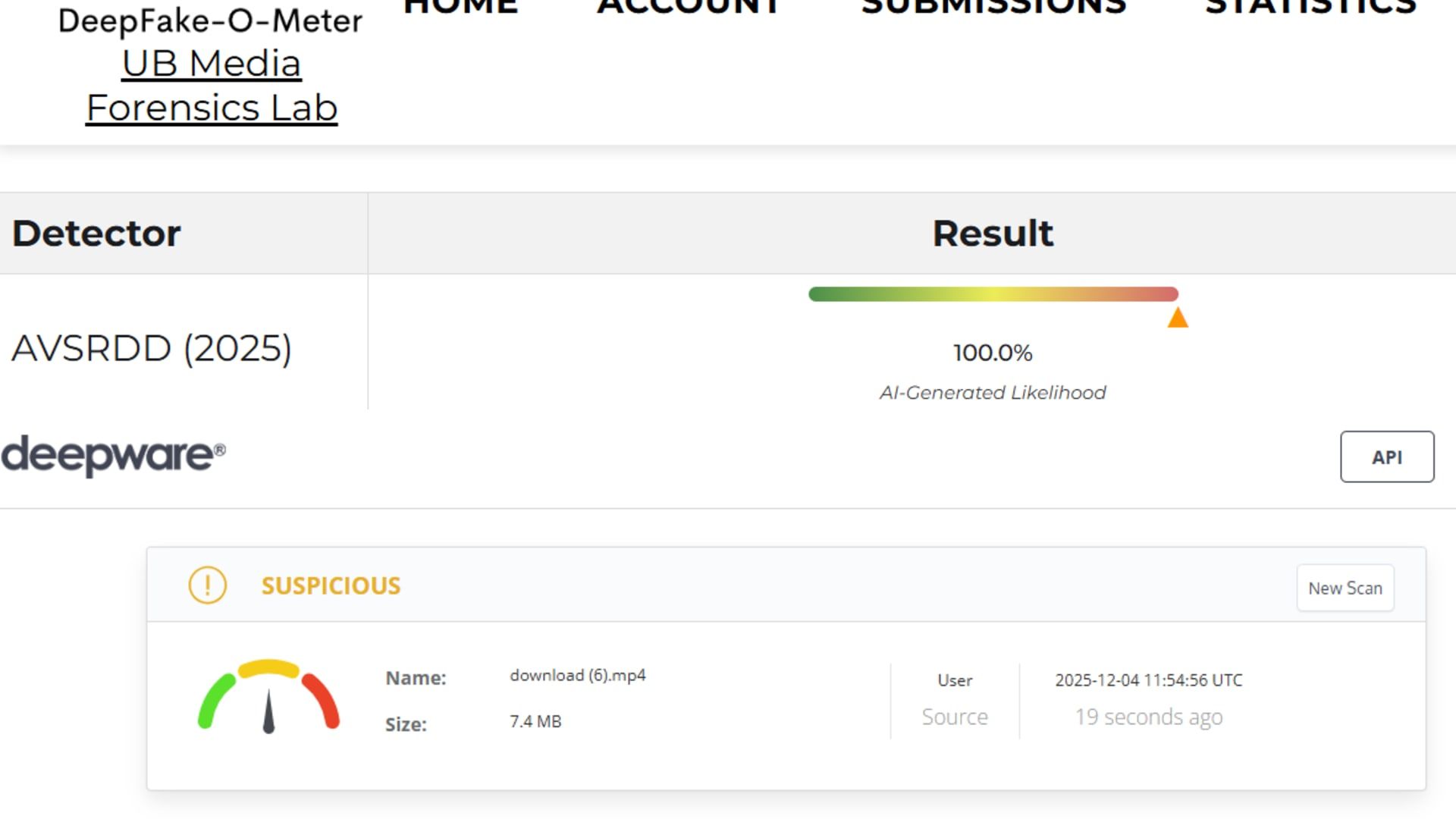 نتائج فحص الفيديو عبر أداتي Deep Fake O Meter و Deepware توضح أنه مُولد بالذكاء الاصطناعي