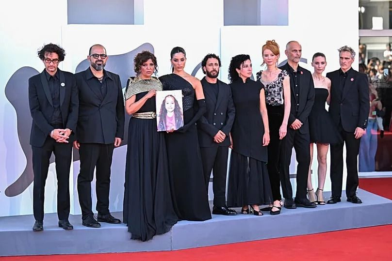 The producers, director and cast of 'The Voice of Hind Rajab' during the 2025 Venice Film Festival