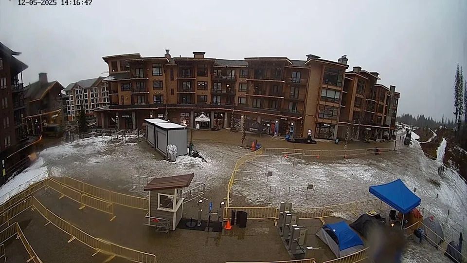 Revelstoke Mountain Resort village webcam on Dec. 5, showing tents lined up in preparation for opening day.