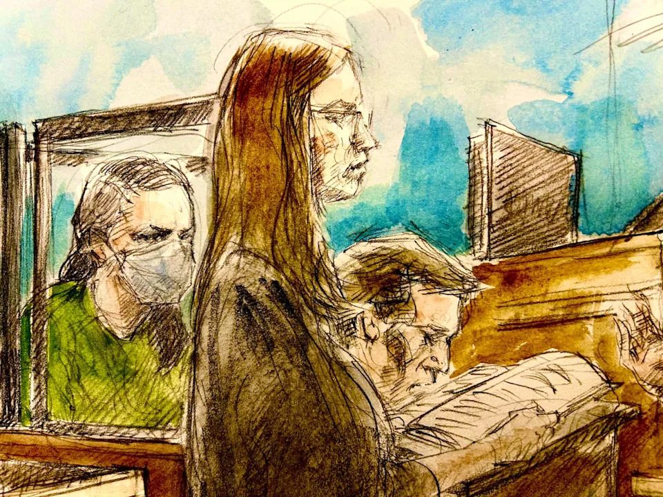 Brandy Cooney, left, is one of the accused in a murder trial in Milton, Ont. Cooney is seen Monday as assistant Crown attorney Monica MacKenzie, centre, questions a witness.