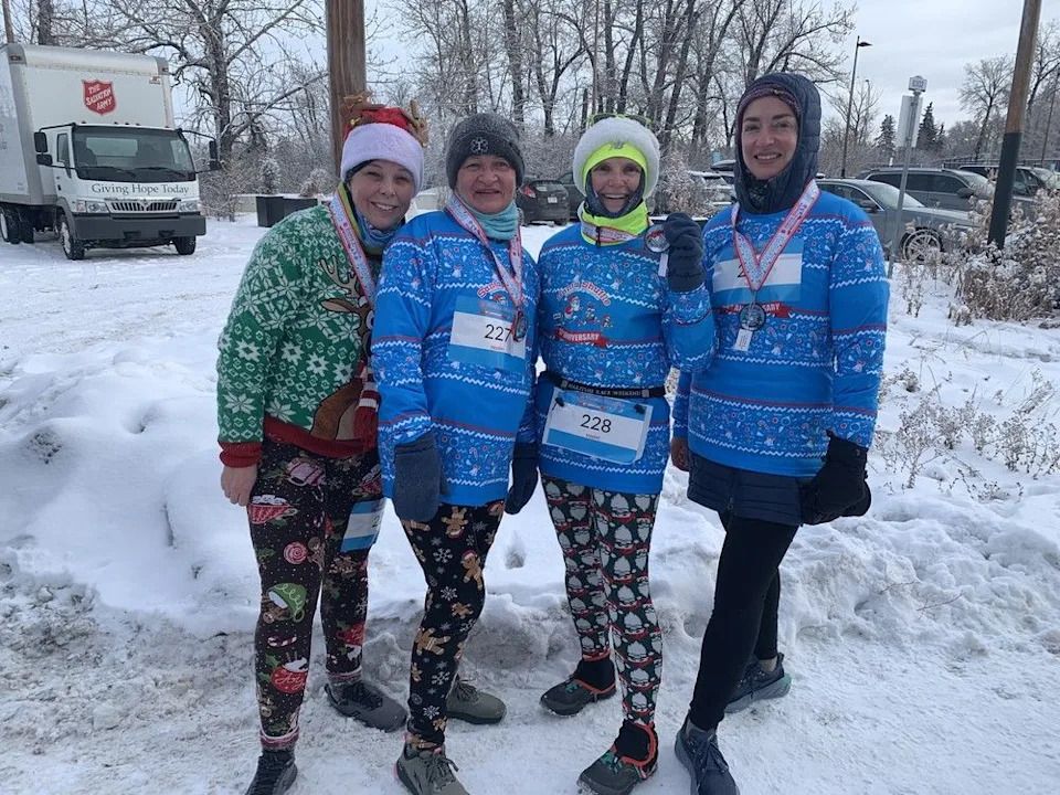 Tammy McKnight, Linda Stadnyk, Donna Moore and Polina Sapon from Airdrie’s Loose Laces run club ran the Santa Shuffle 5K in festive holiday attire.