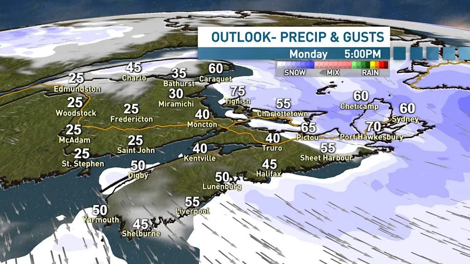 In addition to the snowfall, wind gusts will usher in more cold weather for the Maritimes.