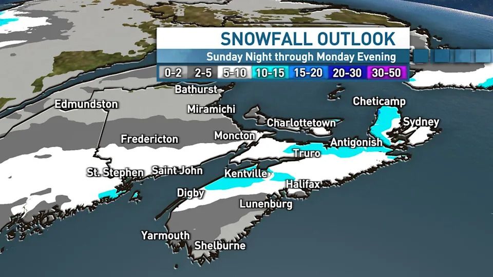The outlook shows much of the Maritimes will be getting widespread snowfall overnight on Monday.
