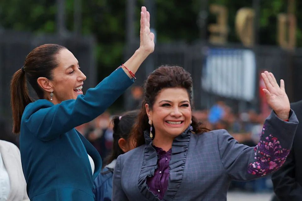 Mexican President Claudia Sheinbaum (left) and Mexico City Mayor Clara Brugada wave during an event for the International Day for the Destruction of Firearms at the Basilica of Our Lady of Guadalupe, in Mexico City, Mexico July 9, 2025.