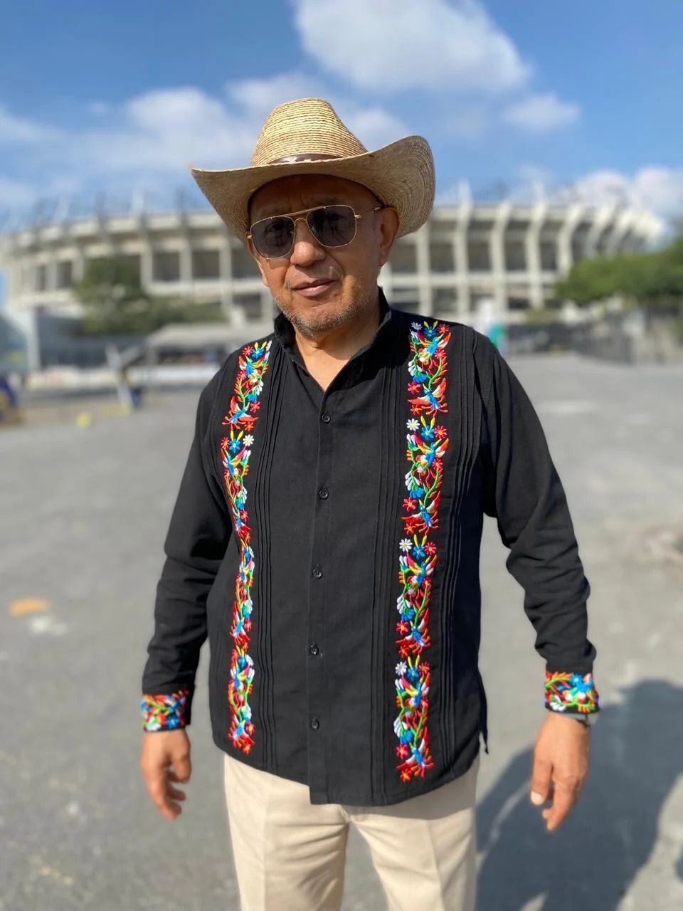 Rubén Ramírez, who leads the Indigenous community of Santa Úrsula Coapa, stands in front of Azteca Stadium in Mexico City. He says his people's water needs have been ignored.