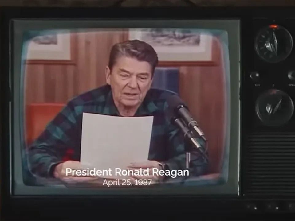 In a clip from an Ontario anti-tariff ad, U.S. President Ronald Reagan delivers a radio address on April 25, 1987, explaining why he was imposing tariffs on Japanese semiconductors contrary to his preferred trade policy.