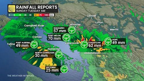 B.C. rainfall reports Sunday to Tuesday