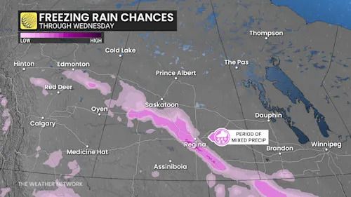 Prairies freezing rain chances through Wednesday