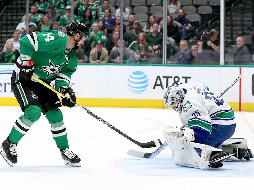 Thatcher Demko returned from a groin injury to deny Jamie Benn of the Stars on Feb. 27, 2023 in Dallas.