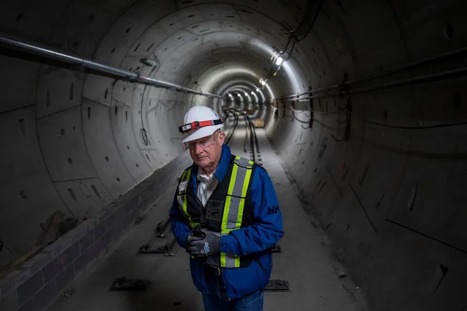 Mike Farnworth, minister of transportation and transit, visits the Broadway Subway Project in Vancouver, B.C, on Monday, June 2, 2025.