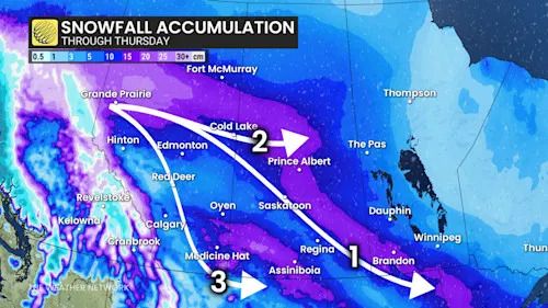 Prairies snowfall accumulation through Thursday