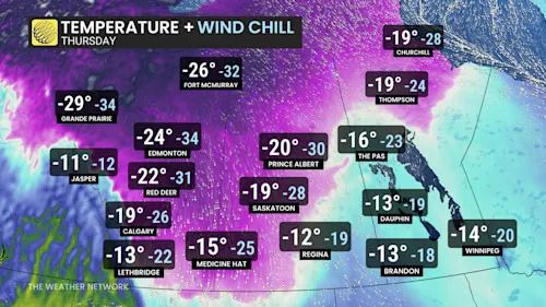 Prairies temperatures and wind chills Thursday
