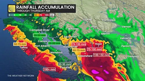 B.C. rainfall through Thursday morning