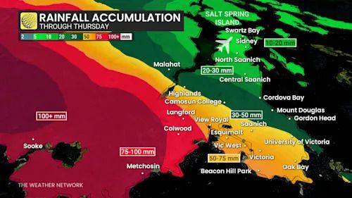 Greater Victoria rainfall accumulation through Thursday