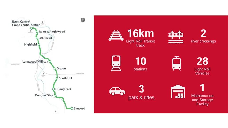 Phase 1 of the Green Line LRT project has been divided into a southeast and a downtown section. The southeast portion is divided into five chunks, including two new bridges over Blackfoot Trail and 78th Avenue.