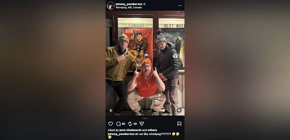 An Instagram post from actor Johnny Pemberton's account shows Pemberton, right, with fellow actors Jon Hamm, left, and Paul Walter Hauser, middle, at The Flicks Cinema in Stonewall, Man. The actors visited the small Manitoba town's theatre on Sunday, Dec. 7, 2025.