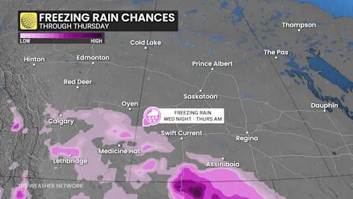 Saskatchewan, Alberta, Prairies, Freezing rain, Ice, Cold, Winter, December 10, 2025. (The Weather Network)