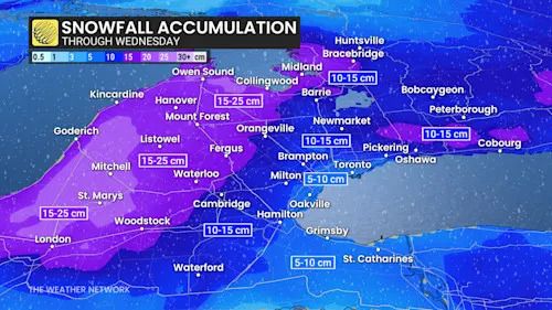 Southern Ontario snowfall zoomed-in crop through Wednesday