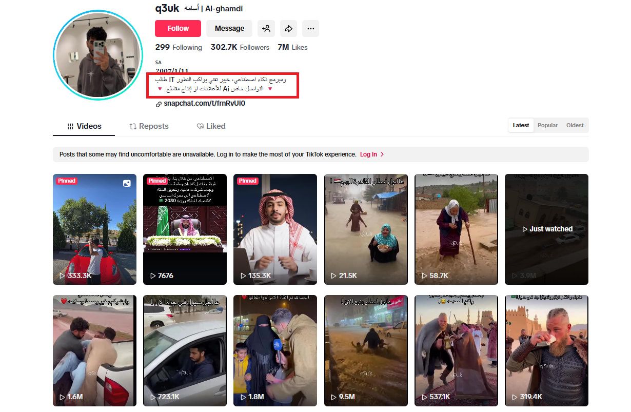 لقطة شاشة لواجهة حساب ناشر الفيديو عبر تيك توك