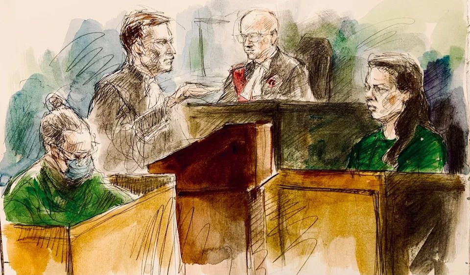 Becky Hamber, left, looks down in prisoner’s box as her defence lawyer Monte MacGregor, second from left, questions Brandy Cooney, right, on witness stand before Justice Clayton Conlan.