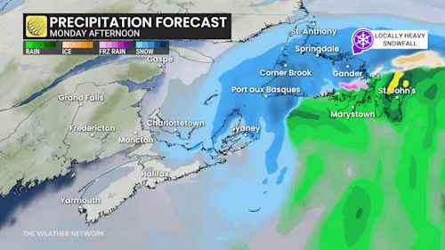 Atlantic Canada precipitation Monday afternoon