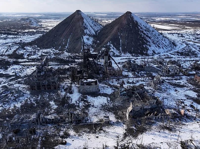 a view of damaged coal mines in the partially occupied Toretsk town, the site of heavy battles with the Russian troops in the Donetsk region, Ukraine, Saturday, Feb. 22, 2025.