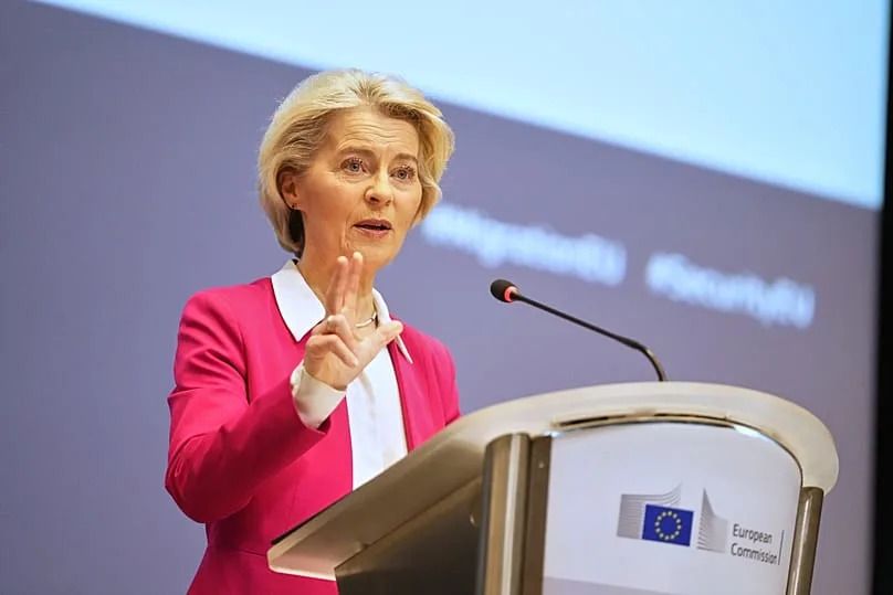European Commission President Ursula von der Leyen addresses a conference at the EU Charlemagne building in Brussels, 10 December, 2025