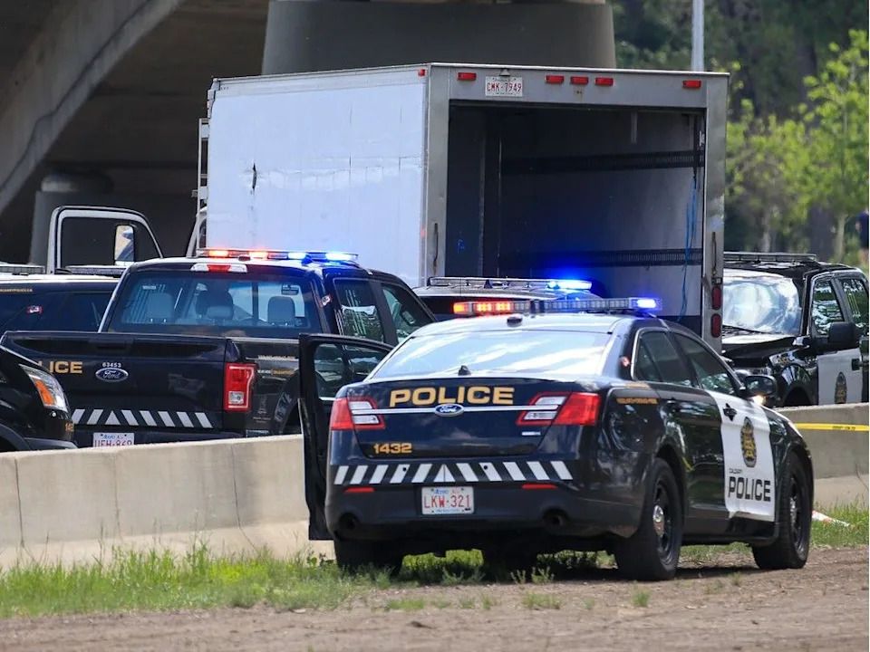 The scene on Memorial Drive where Levon Fox and Wesley Davidson were shot and killed by Calgary police on May 29, 2023.