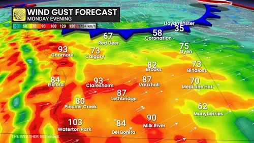 Alberta wind gusts Monday evening