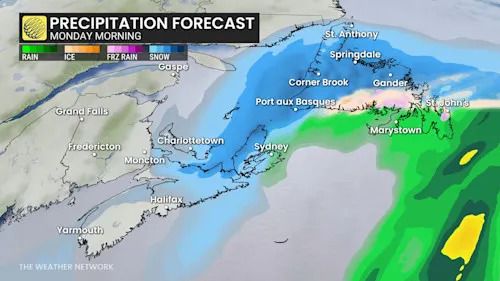 Atlantic Canada precipitation Monday morning