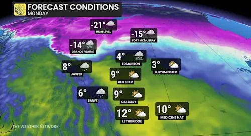 Alberta temperatures and icons Monday
