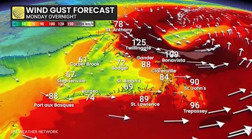 Atlantic Canada wind gust Monday overnight