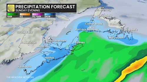 Atlantic Canada precipitation forecast Sunday evening