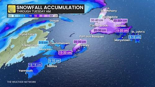 Atlantic Canada snowfall through Tuesday morning