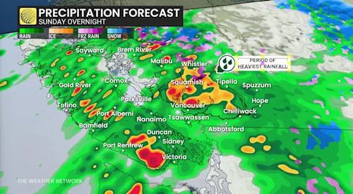 B.C. precipitation timing Sunday overnight