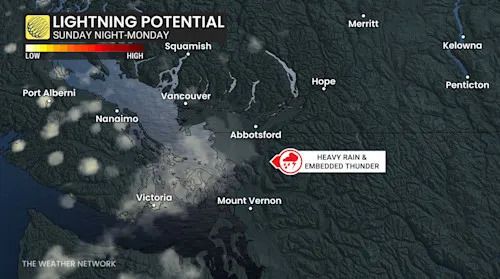 B.C. lightning potential Sunday night to Monday