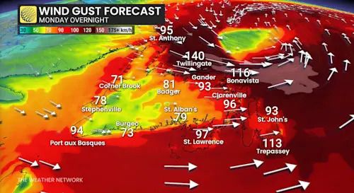 Newfoundland wind gusts Monday overnight