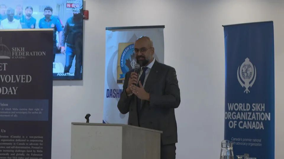 Jaskaran Sandhu, Alberta regional president of the World Sikh Organization of Canada, spoke at the "Confronting the Threat" town hall in northeast Calgary's Venice Banquet Hall on Dec. 13, 2025.