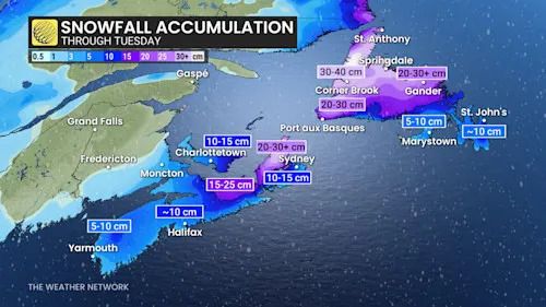 Atlantic Canada snowfall totals through Tuesday
