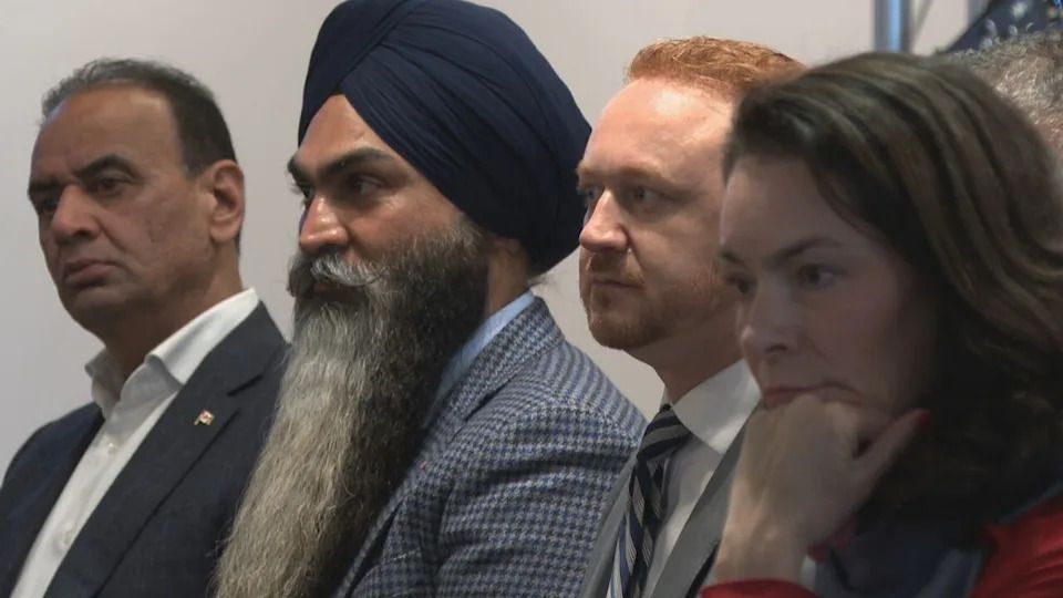 Elected officials were in attendance at the "Confronting the Threat" town hall on Dec. 13, 2025. Among those there, from left: Calgary McKnight MP Dalwinder Gill, Calgary Skyview MP Amanpreet Gill, Calgary-Cross MLA and Justice Minister Mickey Amery, and Edmonton Strathcona MP Heather McPherson.
