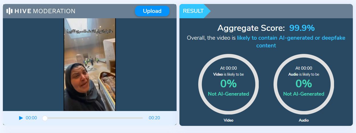 نتائج فحص الفيديو عبر أداة Hive Moderation المتخصصة في كشف المحتوى المُصور المُنتج بالذكاء الاصطناعي التوليدي