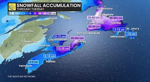 Atlantic Canada snowfall through Tuesday
