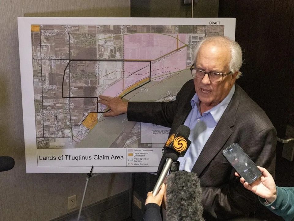 Richmond Mayor Malcolm Brodie speaks to media after an October 28 information session regarding the Cowichan title decision