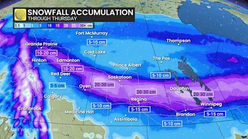 Prairies snowfall outlook through Thursday