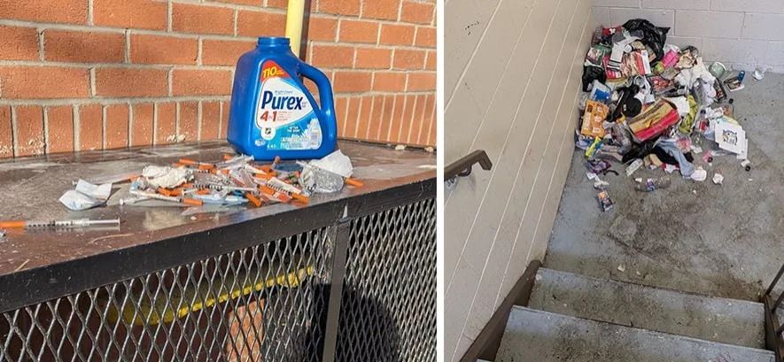 Photos taken by tenants show used needles scattered around the property and piles of garbage on in the stairwells.