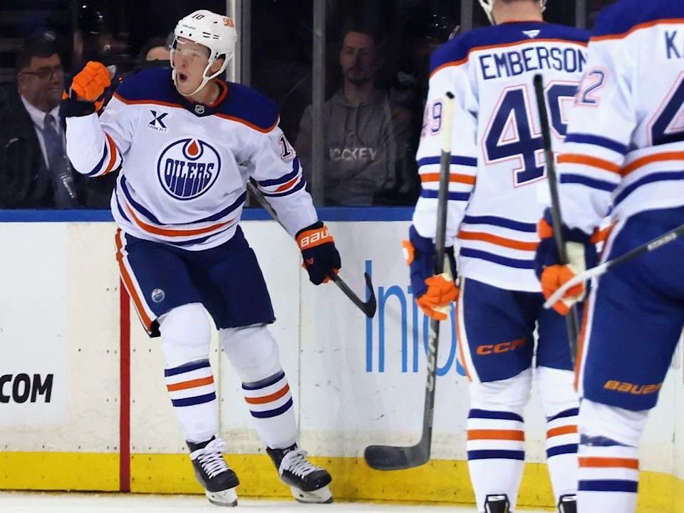 Trent Frederic #10 of the Edmonton Oilers celebrates his second period goal against the New York Rangers at Madison Square Garden on Oct. 14, 2025, in New York City.