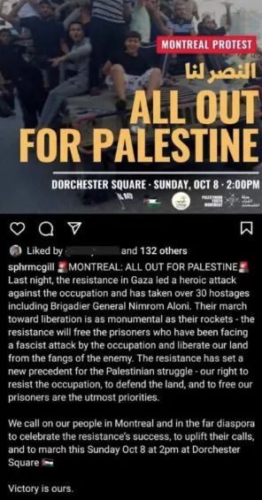 Screenshot of SPHR McGill post celebrating October 7 attacks.