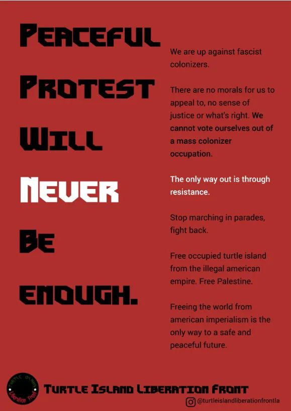 Screenshot of first Facebook post from Turtle Island Liberation Front dated Oct. 4, 2025.